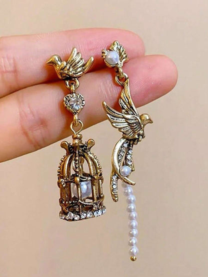 Vintage Asymmetric Bird Cage Faux Pearl Earrings, Suitable For Any Occasion