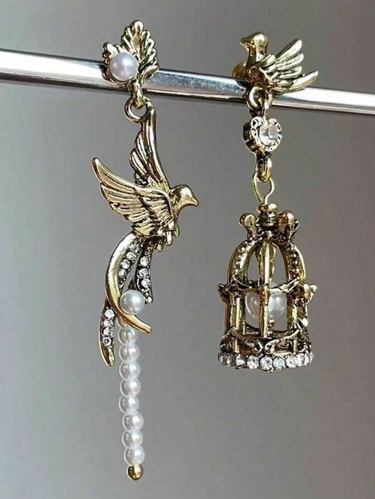 Vintage Asymmetric Bird Cage Faux Pearl Earrings, Suitable For Any Occasion