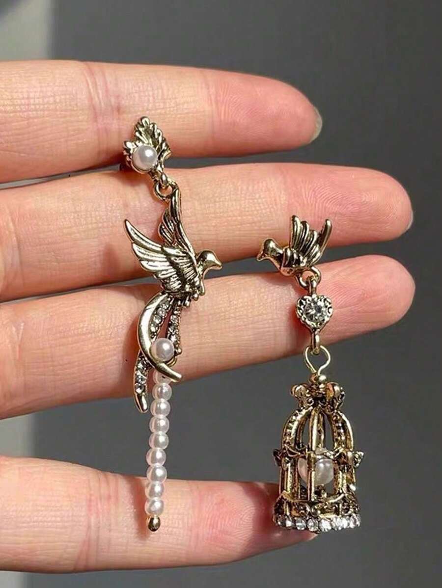 Vintage Asymmetric Bird Cage Faux Pearl Earrings, Suitable For Any Occasion