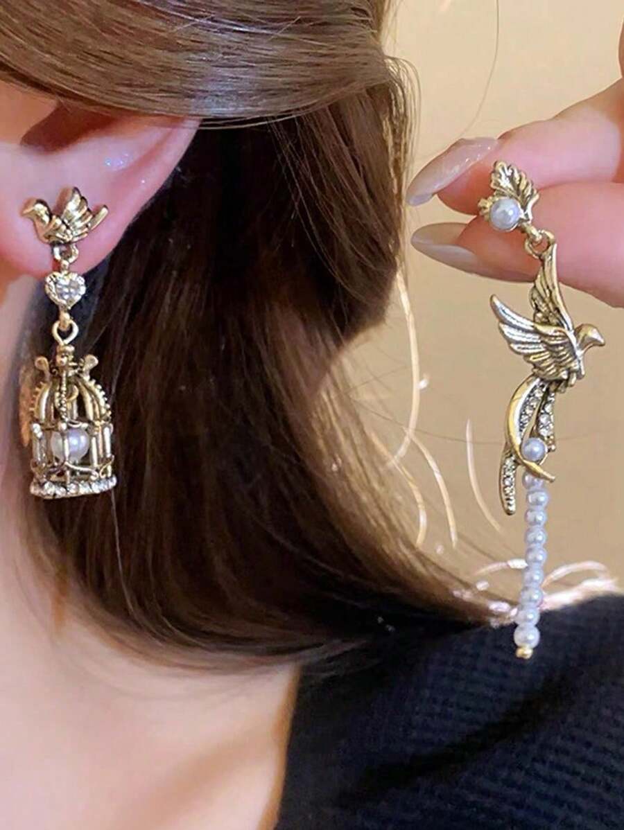 Vintage Asymmetric Bird Cage Faux Pearl Earrings, Suitable For Any Occasion