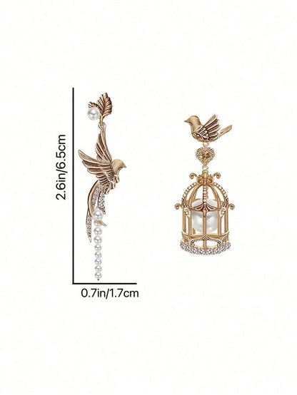 Vintage Asymmetric Bird Cage Faux Pearl Earrings, Suitable For Any Occasion