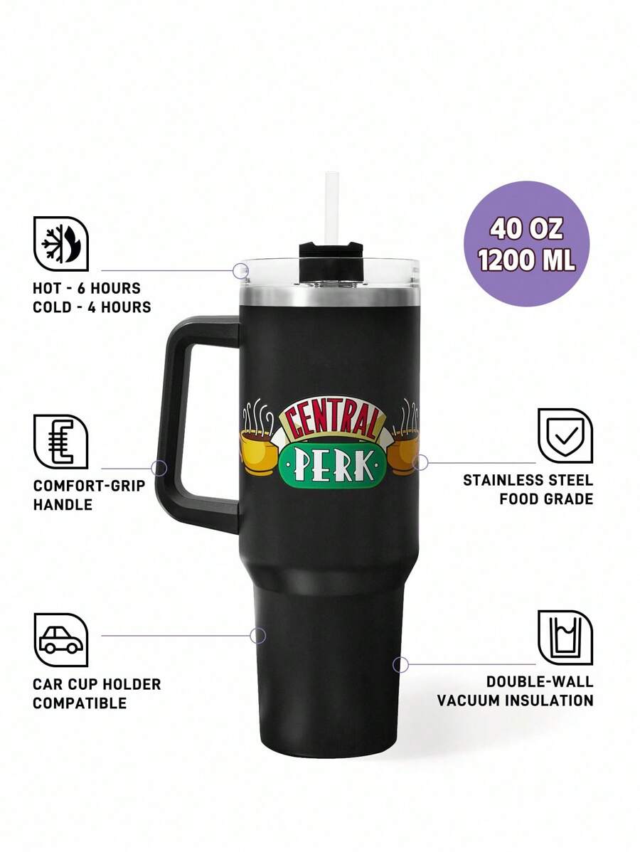 FRIENDS Black 1200ml / 40oz Stainless Steel , Keep Cold Water Bottle, With Straw, Suitable For Hot Water And Cold Drink, Gifts For Friends