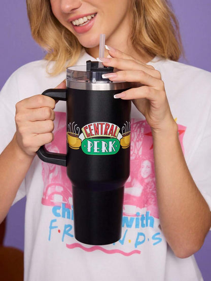 FRIENDS Black 1200ml / 40oz Stainless Steel , Keep Cold Water Bottle, With Straw, Suitable For Hot Water And Cold Drink, Gifts For Friends