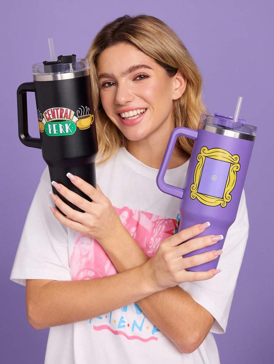 FRIENDS Black 1200ml / 40oz Stainless Steel , Keep Cold Water Bottle, With Straw, Suitable For Hot Water And Cold Drink, Gifts For Friends