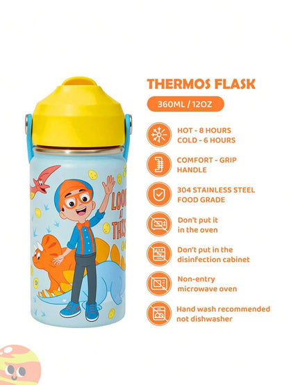 Blippi Cartoon Pattern 360ml Insulated Cup With Straw And Spill-Proof Lid,for Kids.
