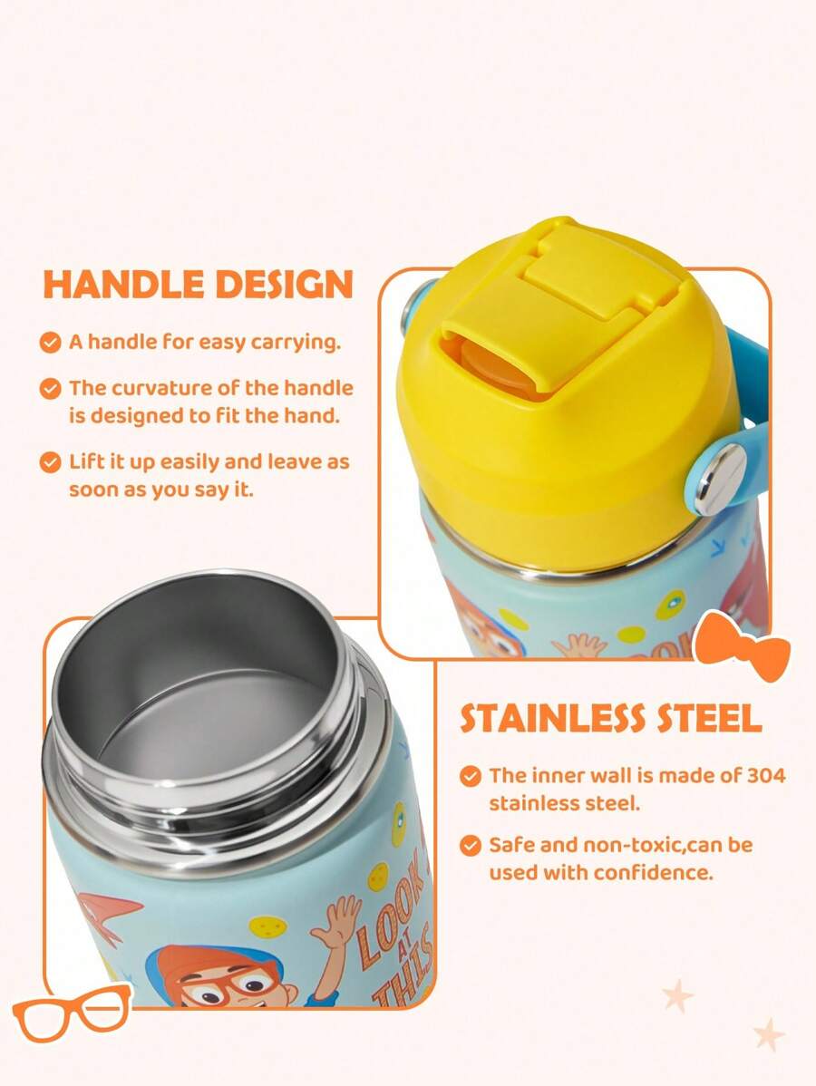 Blippi Cartoon Pattern 360ml Insulated Cup With Straw And Spill-Proof Lid,for Kids.