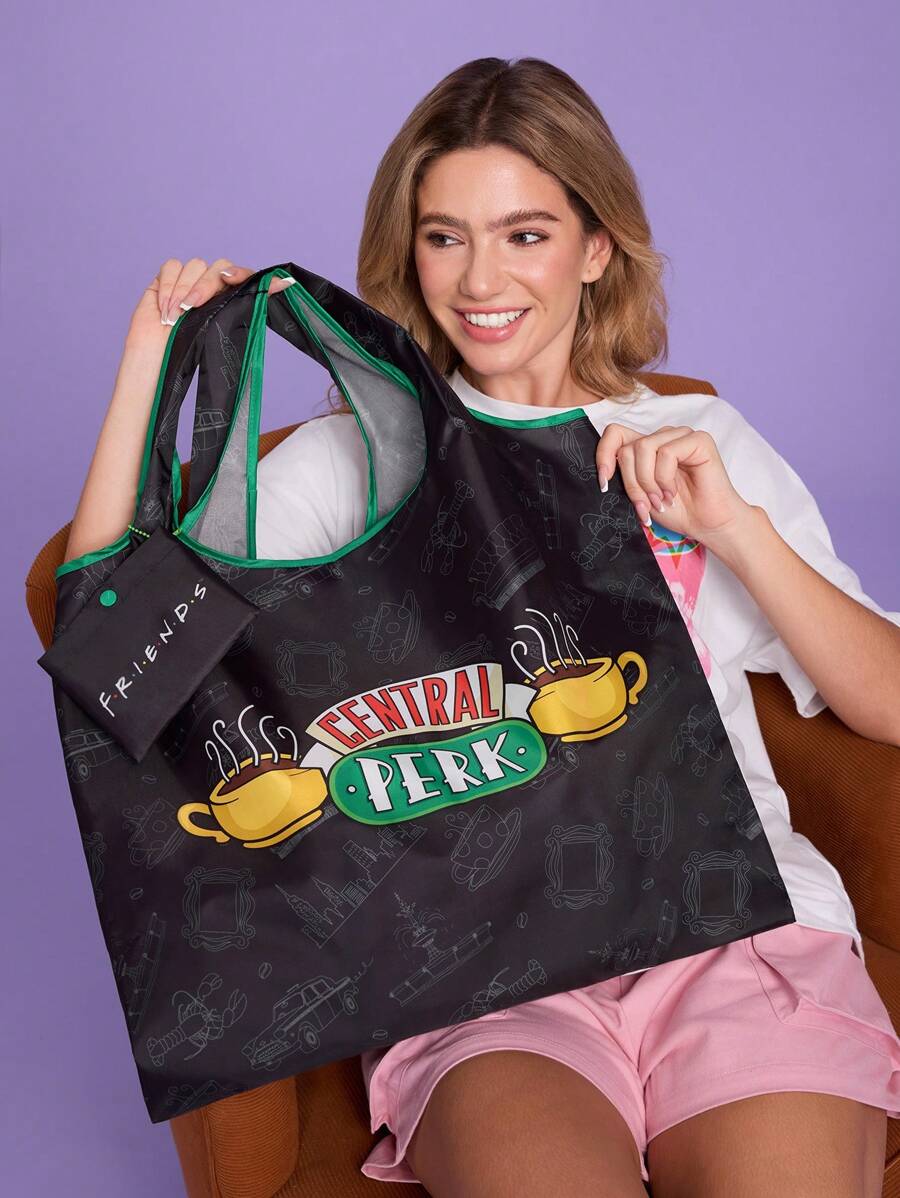 FRIENDS 1pc Coffee Cup Pattern Printed Polyester Foldable Shopping Bag, Tote Bag, Equipped With A Small Storage Bag With A Bead Chain,Gift,Friends,Central Perk,gift