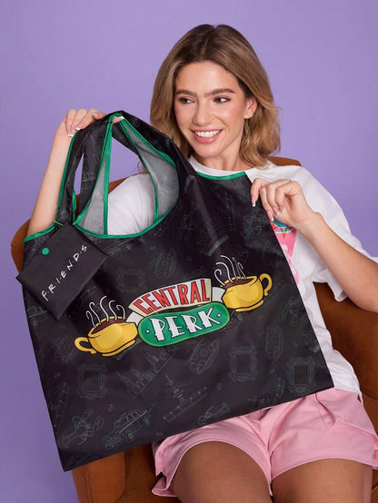 FRIENDS 1pc Coffee Cup Pattern Printed Polyester Foldable Shopping Bag, Tote Bag, Equipped With A Small Storage Bag With A Bead Chain,Gift,Friends,Central Perk,gift