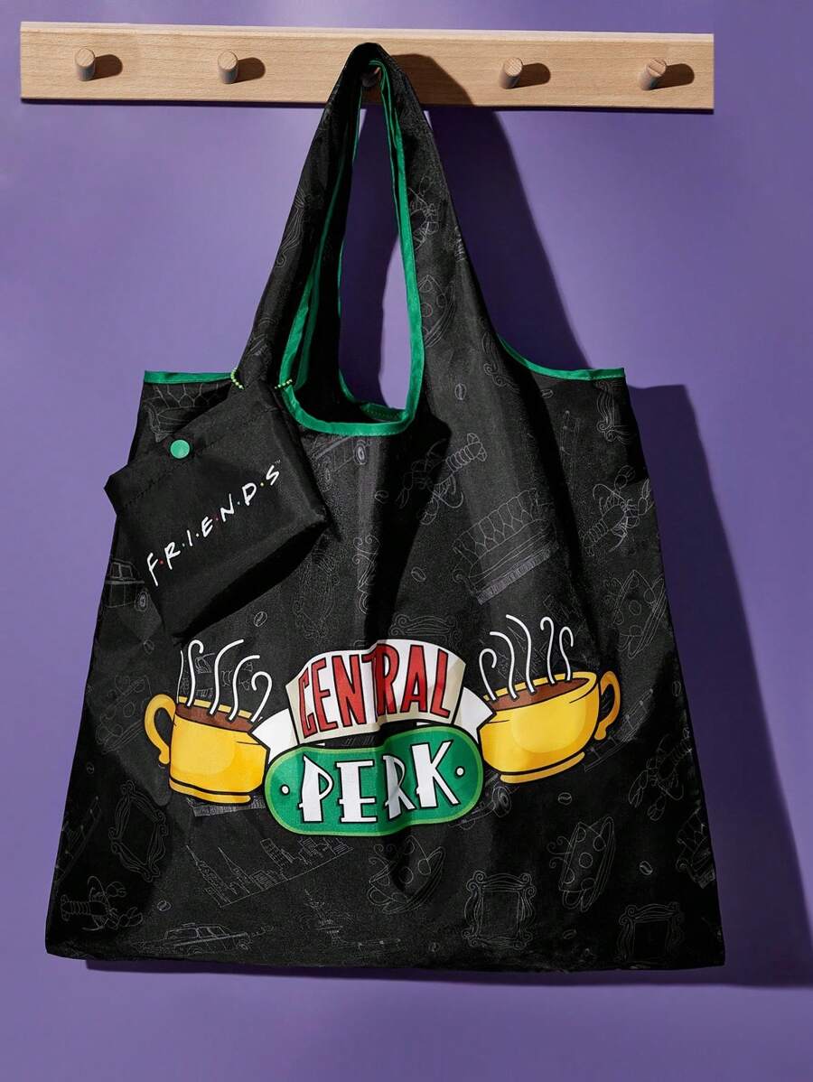 FRIENDS 1pc Coffee Cup Pattern Printed Polyester Foldable Shopping Bag, Tote Bag, Equipped With A Small Storage Bag With A Bead Chain,Gift,Friends,Central Perk,gift