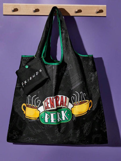 FRIENDS 1pc Coffee Cup Pattern Printed Polyester Foldable Shopping Bag, Tote Bag, Equipped With A Small Storage Bag With A Bead Chain,Gift,Friends,Central Perk,gift