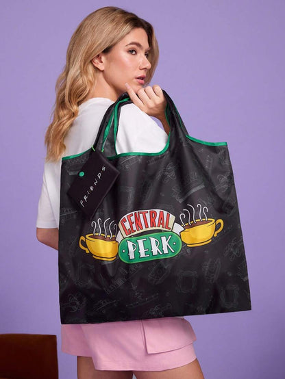 FRIENDS 1pc Coffee Cup Pattern Printed Polyester Foldable Shopping Bag, Tote Bag, Equipped With A Small Storage Bag With A Bead Chain,Gift,Friends,Central Perk,gift