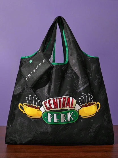 FRIENDS 1pc Coffee Cup Pattern Printed Polyester Foldable Shopping Bag, Tote Bag, Equipped With A Small Storage Bag With A Bead Chain,Gift,Friends,Central Perk,gift