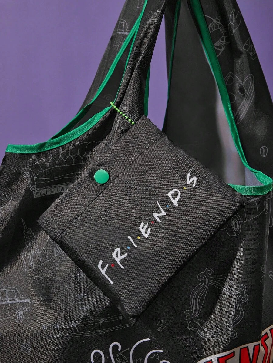 FRIENDS 1pc Coffee Cup Pattern Printed Polyester Foldable Shopping Bag, Tote Bag, Equipped With A Small Storage Bag With A Bead Chain,Gift,Friends,Central Perk,gift