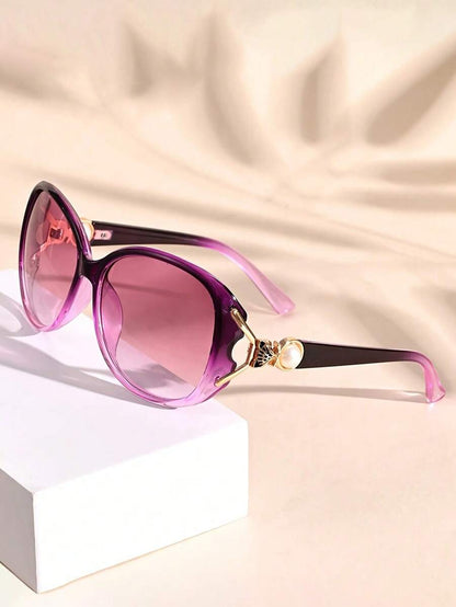 Women's Vintage-Inspired Large Frame Fashion Sun Glasses With Faux Fox Head Hanger - Stylish Purple AC Lens; Metal Hinges, Elegant Design For Casual Attire