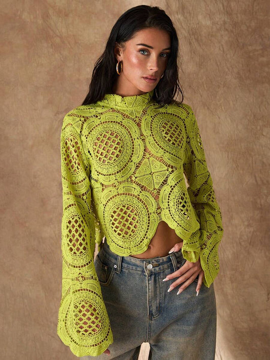 Women's Long Sleeve Stand Collar Water-Soluble Flower Inlay Edge Sheer Blouse, Lime Green Top, Hollow Out Top Fall Cloth For Women
