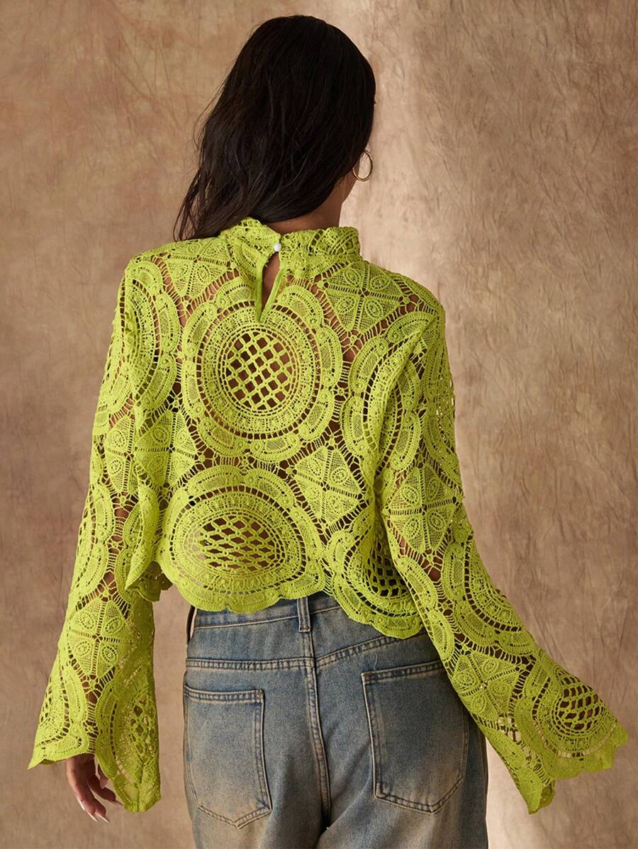 Women's Long Sleeve Stand Collar Water-Soluble Flower Inlay Edge Sheer Blouse, Lime Green Top, Hollow Out Top Fall Cloth For Women