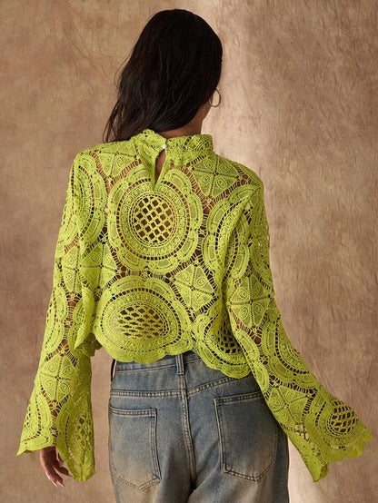 Women's Long Sleeve Stand Collar Water-Soluble Flower Inlay Edge Sheer Blouse, Lime Green Top, Hollow Out Top Fall Cloth For Women