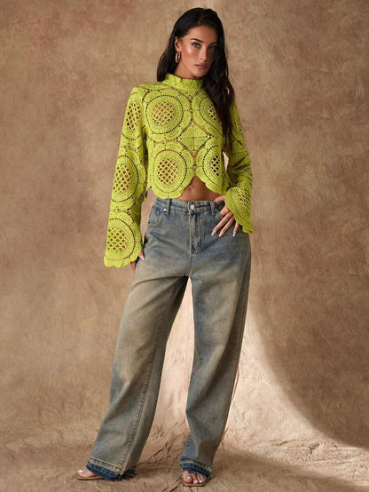 Women's Long Sleeve Stand Collar Water-Soluble Flower Inlay Edge Sheer Blouse, Lime Green Top, Hollow Out Top Fall Cloth For Women