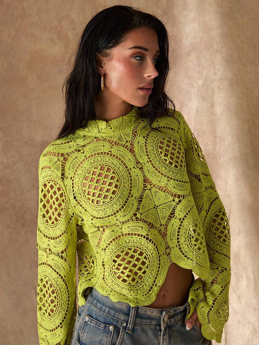 Women's Long Sleeve Stand Collar Water-Soluble Flower Inlay Edge Sheer Blouse, Lime Green Top, Hollow Out Top Fall Cloth For Women