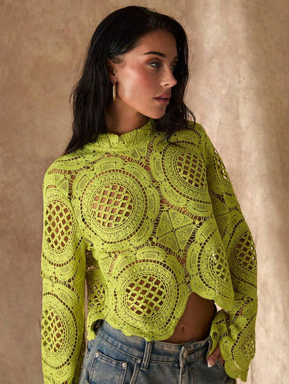 Women's Long Sleeve Stand Collar Water-Soluble Flower Inlay Edge Sheer Blouse, Lime Green Top, Hollow Out Top Fall Cloth For Women