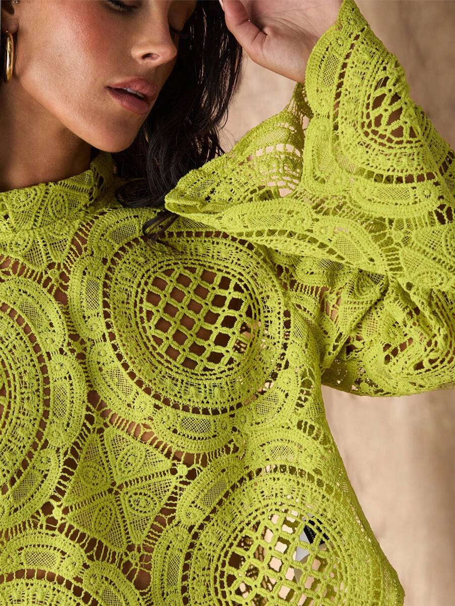 Women's Long Sleeve Stand Collar Water-Soluble Flower Inlay Edge Sheer Blouse, Lime Green Top, Hollow Out Top Fall Cloth For Women