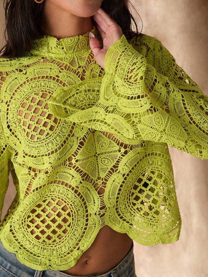 Women's Long Sleeve Stand Collar Water-Soluble Flower Inlay Edge Sheer Blouse, Lime Green Top, Hollow Out Top Fall Cloth For Women