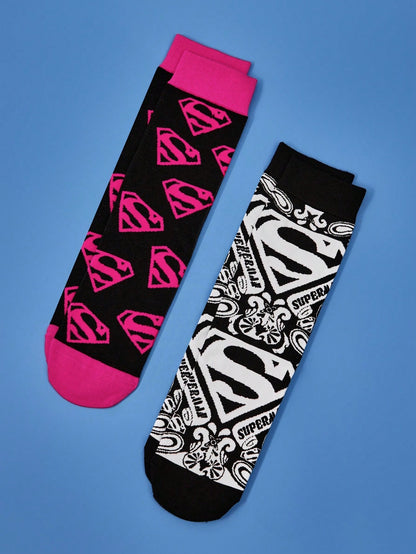 SUPERMAN 2 Pairs Unisex Breathable & Moisture-Wicking Crew Socks With Reinforced Toe And Heel, Superhero Logo Design, Suitable For All Seasons, Black And Pink