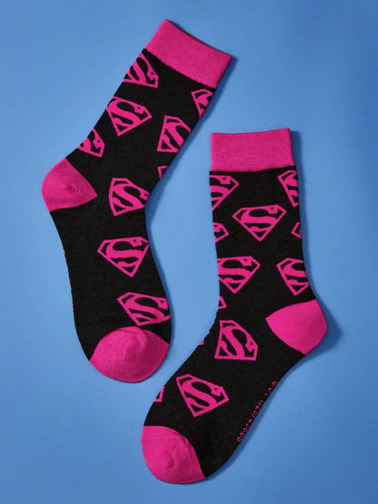 SUPERMAN 2 Pairs Unisex Breathable & Moisture-Wicking Crew Socks With Reinforced Toe And Heel, Superhero Logo Design, Suitable For All Seasons, Black And Pink