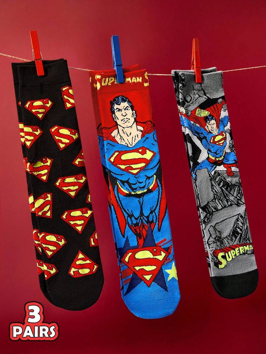 SUPERMAN 3 Pairs SET  Breathable & Sweat-Absorbent Men's Crew Socks, Reinforced Toe & Heel, Durable Wear, Suitable For All Seasons