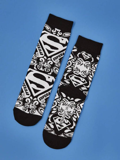 SUPERMAN 2 Pairs Unisex Breathable & Moisture-Wicking Crew Socks With Reinforced Toe And Heel, Superhero Logo Design, Suitable For All Seasons, Black And Pink