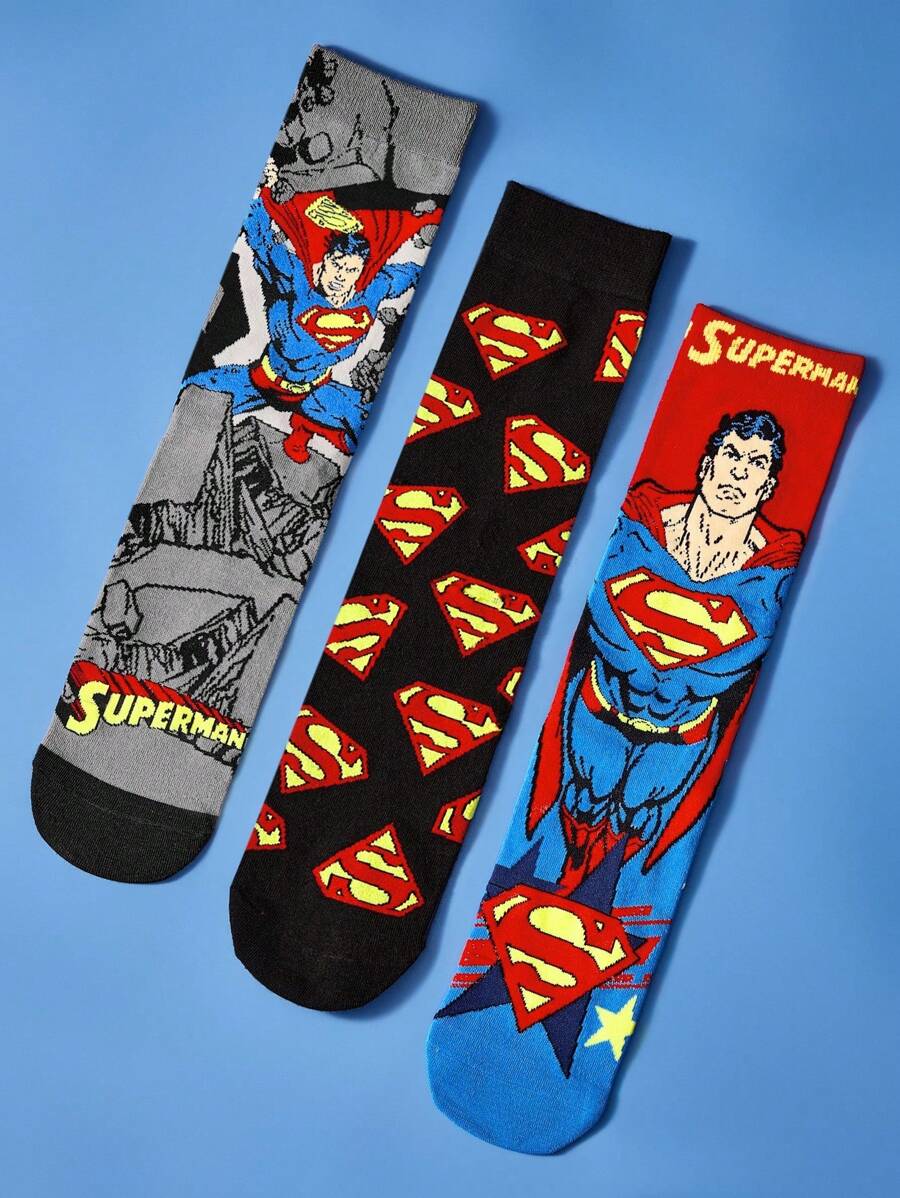 SUPERMAN 3 Pairs SET  Breathable & Sweat-Absorbent Men's Crew Socks, Reinforced Toe & Heel, Durable Wear, Suitable For All Seasons