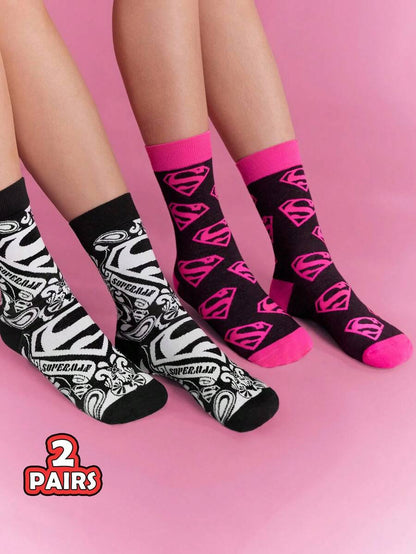 SUPERMAN 2 Pairs Unisex Breathable & Moisture-Wicking Crew Socks With Reinforced Toe And Heel, Superhero Logo Design, Suitable For All Seasons, Black And Pink