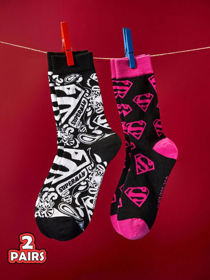 SUPERMAN 2 Pairs Unisex Breathable & Moisture-Wicking Crew Socks With Reinforced Toe And Heel, Superhero Logo Design, Suitable For All Seasons, Black And Pink