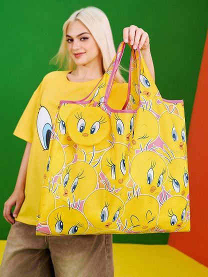 LOONEY TUNES 1pc Cartoon Pattern Printed Polyester Foldable Shopping Bag, Beach Bag, Tote Bag With Detachable Pouch On Chain,