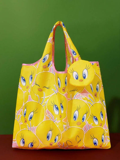 LOONEY TUNES 1pc Cartoon Pattern Printed Polyester Foldable Shopping Bag, Beach Bag, Tote Bag With Detachable Pouch On Chain,