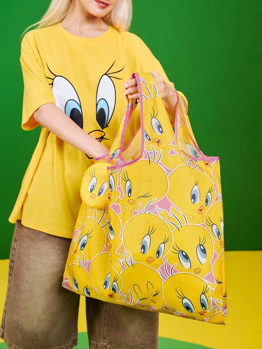 LOONEY TUNES 1pc Cartoon Pattern Printed Polyester Foldable Shopping Bag, Beach Bag, Tote Bag With Detachable Pouch On Chain,