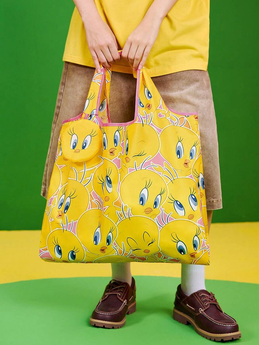 LOONEY TUNES 1pc Cartoon Pattern Printed Polyester Foldable Shopping Bag, Beach Bag, Tote Bag With Detachable Pouch On Chain,