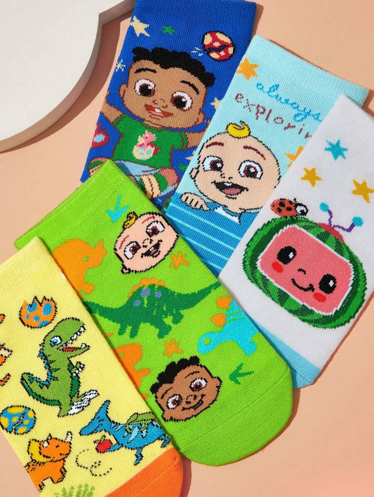 CoComelon\ 5 Pairs Cotton Soft; Breathable Moisture-Wicking Kids Short Socks Colorful Cute Cartoon Dinosaurs Pattern Boys Ankle Socks Reinforced Toe; Heel For Durability All Seasons All-Match School &amp; Outdoor
