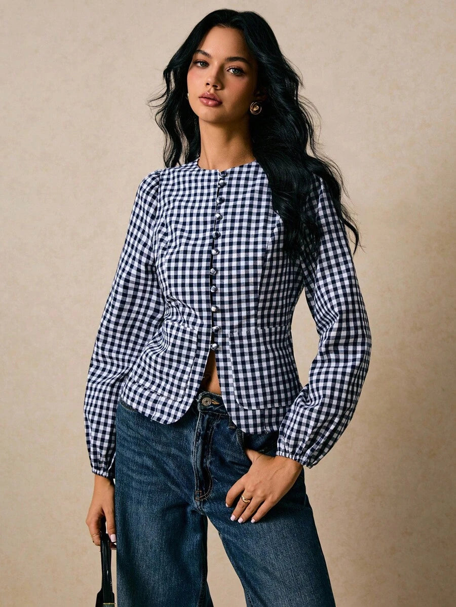 Casual Fashionable Versatile Plaid Waist Cinched Long Sleeve Fitted Women Shirt,Fall Tops