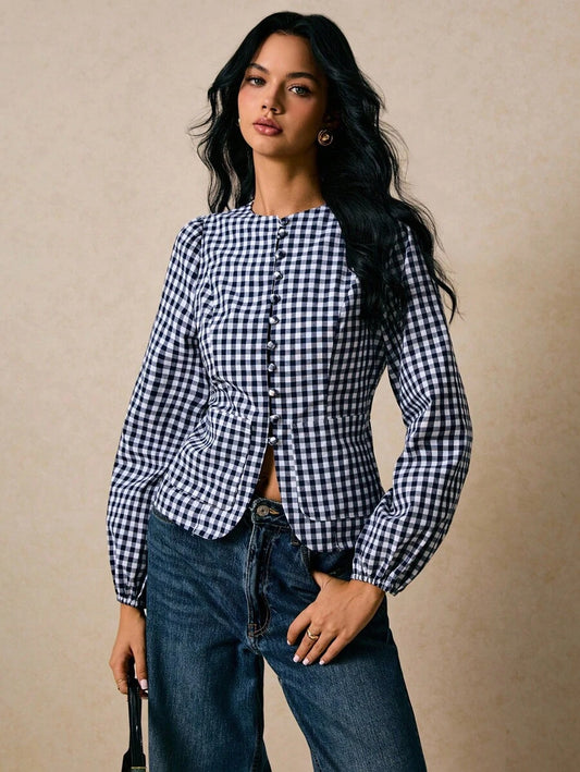 Casual Fashionable Versatile Plaid Waist Cinched Long Sleeve Fitted Women Shirt,Fall Tops