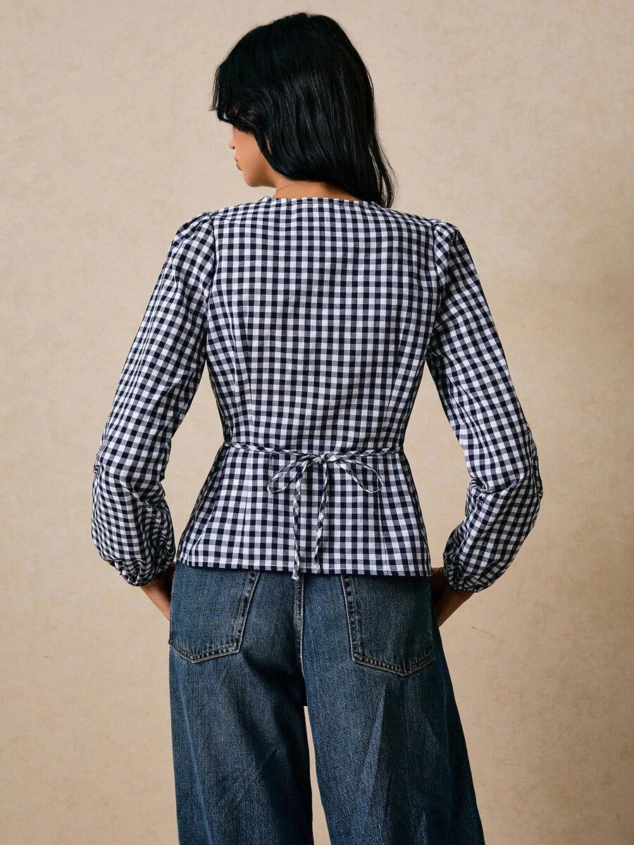 Casual Fashionable Versatile Plaid Waist Cinched Long Sleeve Fitted Women Shirt,Fall Tops
