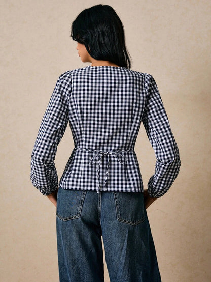 Casual Fashionable Versatile Plaid Waist Cinched Long Sleeve Fitted Women Shirt,Fall Tops
