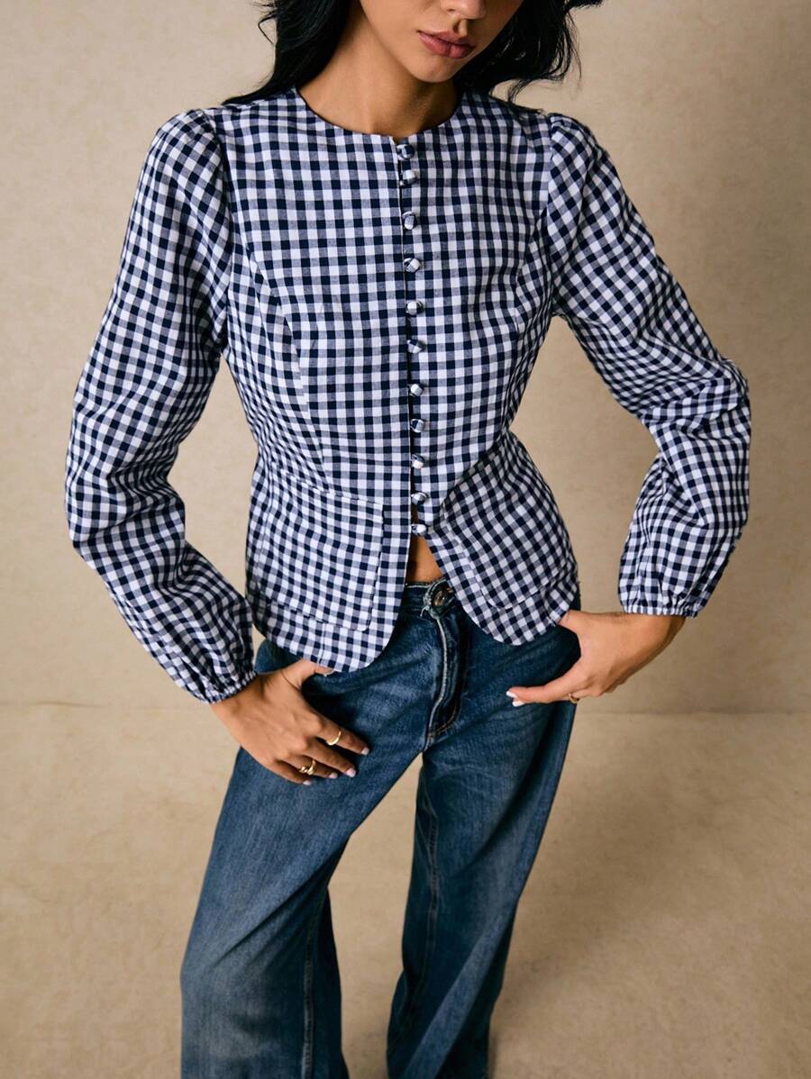 Casual Fashionable Versatile Plaid Waist Cinched Long Sleeve Fitted Women Shirt,Fall Tops