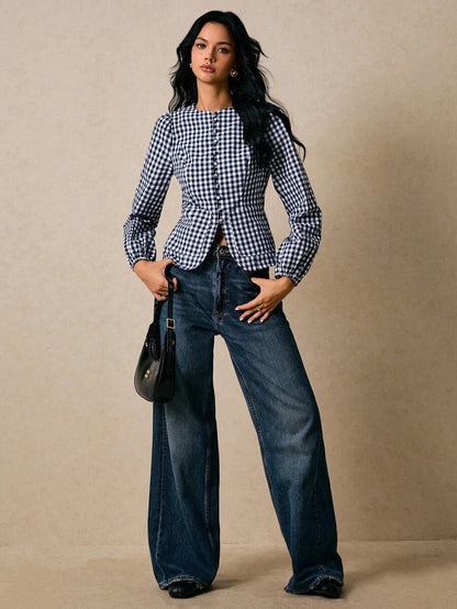 Casual Fashionable Versatile Plaid Waist Cinched Long Sleeve Fitted Women Shirt,Fall Tops