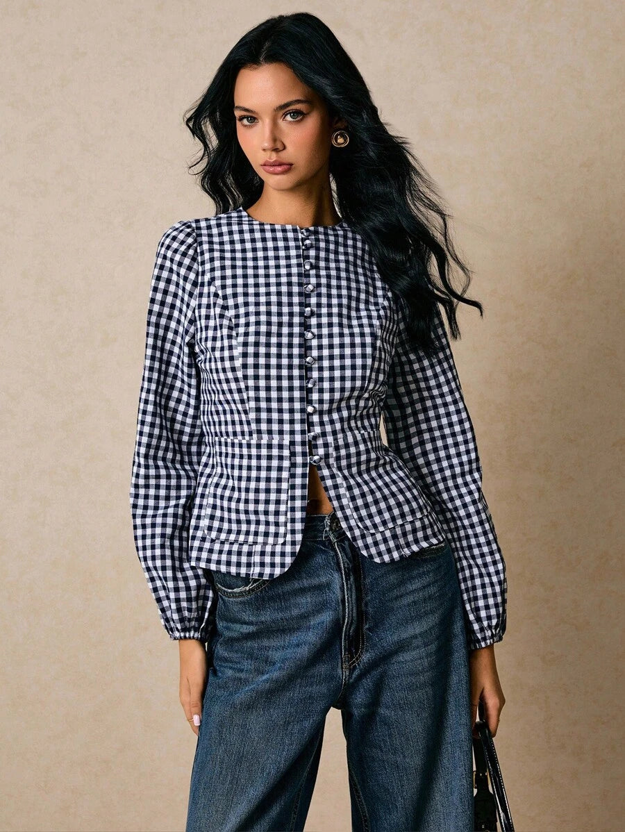 Casual Fashionable Versatile Plaid Waist Cinched Long Sleeve Fitted Women Shirt,Fall Tops