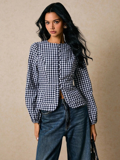 Casual Fashionable Versatile Plaid Waist Cinched Long Sleeve Fitted Women Shirt,Fall Tops