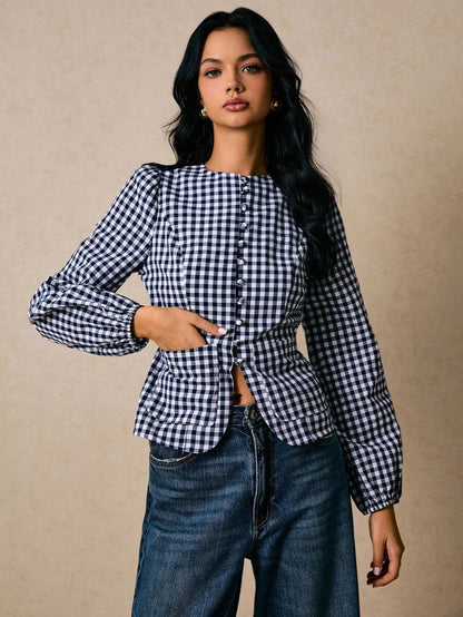 Casual Fashionable Versatile Plaid Waist Cinched Long Sleeve Fitted Women Shirt,Fall Tops