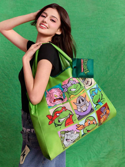 TEENAGE MUTANT NINJA TURTLES 1pc Cartoon Character Printed Polyester Foldable Shopping Bag, Tote Bag, Equipped With A Small Storage Bag With A Bead Chain,