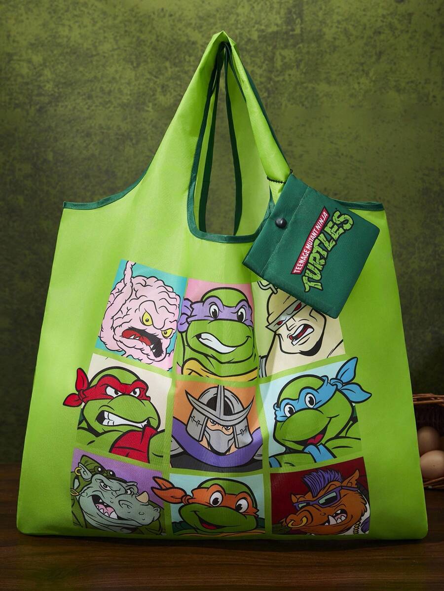 TEENAGE MUTANT NINJA TURTLES 1pc Cartoon Character Printed Polyester Foldable Shopping Bag, Tote Bag, Equipped With A Small Storage Bag With A Bead Chain,