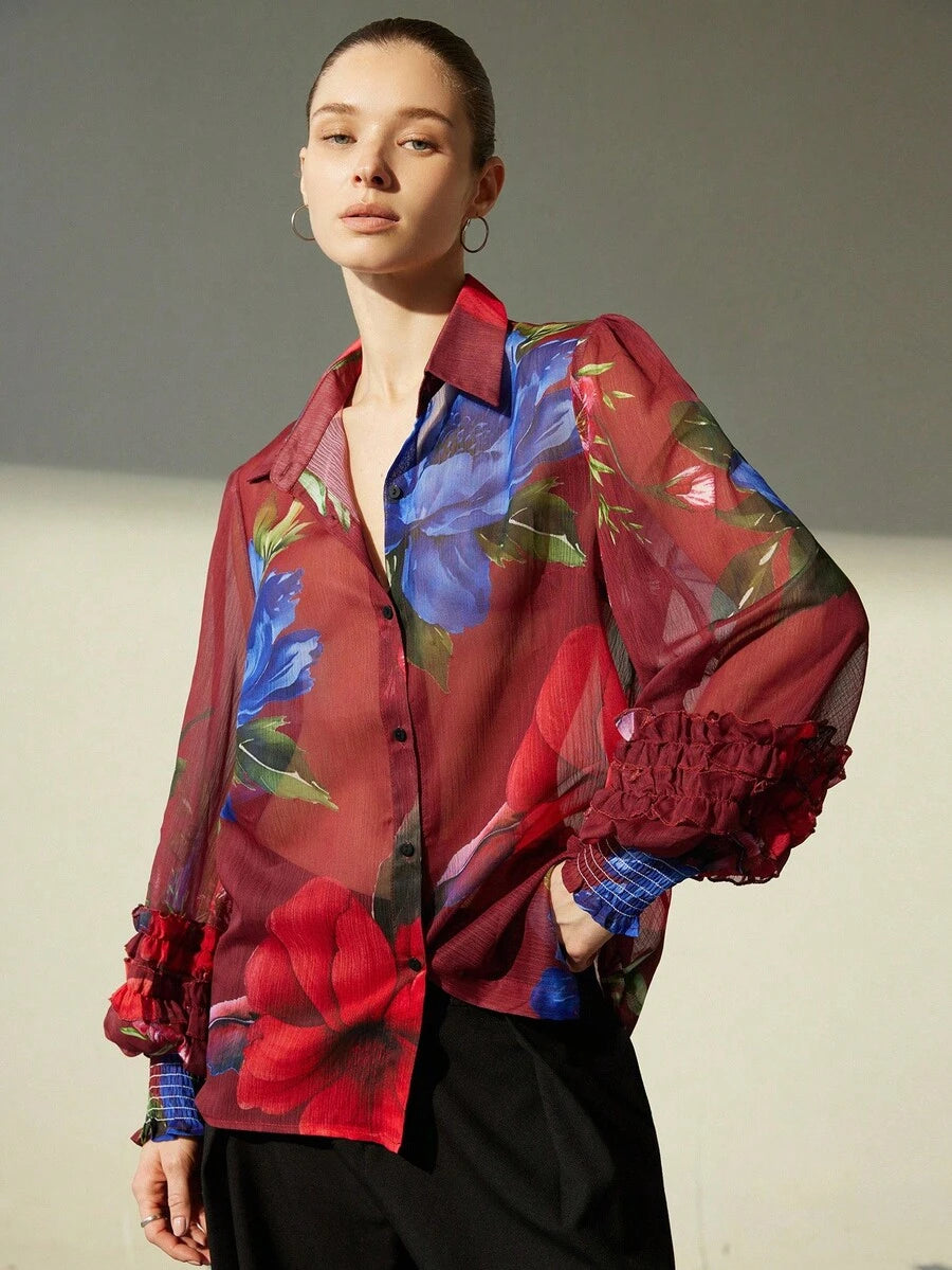 Chiffon Contrast Color Floral Print Layered Flounce Cuff Long Sleeve Blouse Button Up Shirt Women